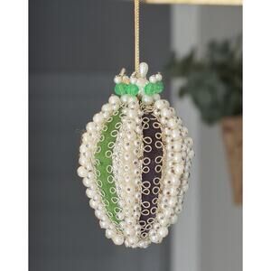 VTG Push Pin Ornament Green Gold Black Velvet Scroll Beads Christmas UNT Baylor